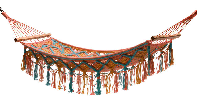 Colorful macrame hammock with wooden spreader bars, isolated on transparent background