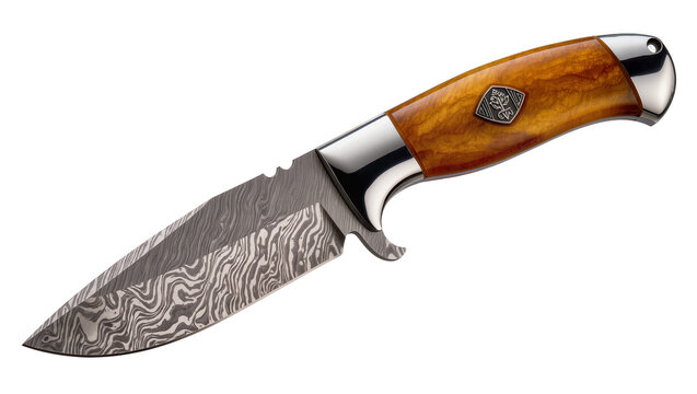Damascus steel hunting knife with polished wood handle, isolated on transparent background