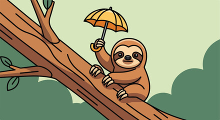 Fototapeta premium A cute cartoon sloth holds a yellow umbrella while clinging to a brown tree