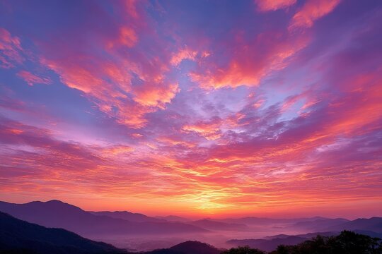 Vibrant sunrise over misty mountain ranges with dramatic pink and purple clouds filling the colorful sky
