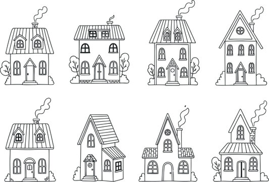 Collection of hand drawn sketchy european style houses with chimneys
