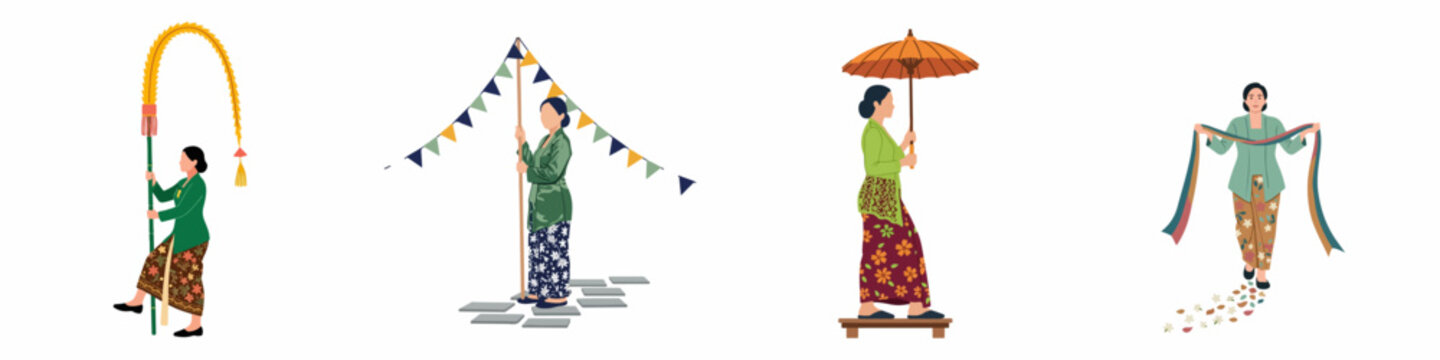 Set of illustrations featuring Indonesian women in traditional kebaya and batik, participating in cultural ceremonies and rituals on a white background.
