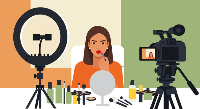 A female beauty vlogger recording a tutorial with a camera and ring light setup