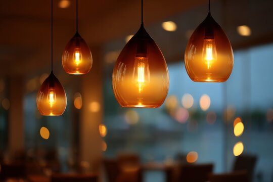 Warm glowing pendant lights hanging in a modern restaurant interior with soft evening bokeh in the background