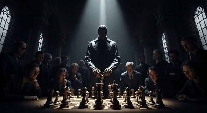 Cinematic chess match of wits with dark suits illuminated by a bright spotlight creating an atmosphere of intrigue and strategic confrontation