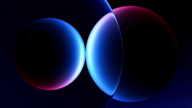 Minimal geometric composition of luminous balls touching through glass lens. Floating glowing spheres in deep space for ui themes, futuristic branding and atmospheric visuals. Seamless loop. 4K video
