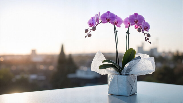 Potted purple orchids in decorative wrapper on sunny balcony  