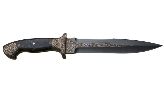 Ornate antique dagger with dark handle and engraved blade, isolated on transparent background
