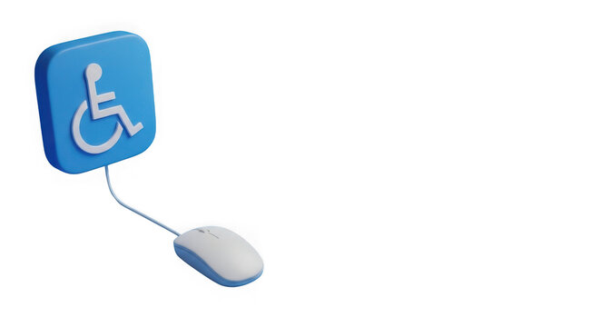 Blue 3d handicap accessibility symbol connected to a computer mouse representing digital inclusion isolated on transparent background
