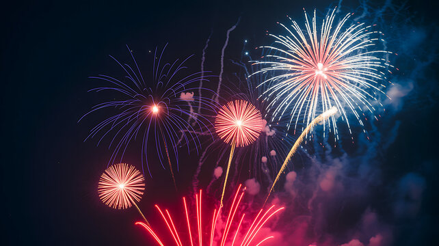 Festive Fireworks: A mesmerizing display of colorful fireworks explodes across a dark night sky, illuminating the scene with vibrant bursts of light and a sense of celebration.