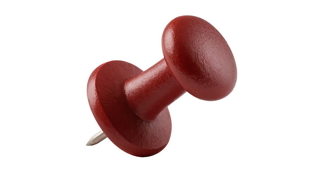 Dark red wooden thumbtack with metal pin, isolated on transparent background