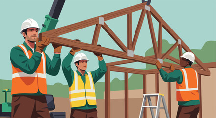 Fototapeta premium Three construction workers lift a heavy wooden roof truss at a building site