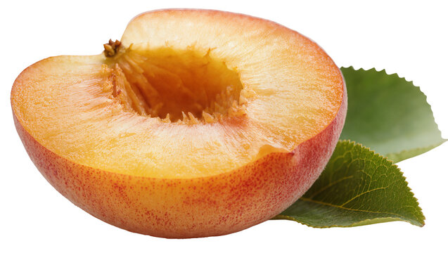 Juicy halved nectarine with fuzzy skin and green leaves, isolated on transparent background