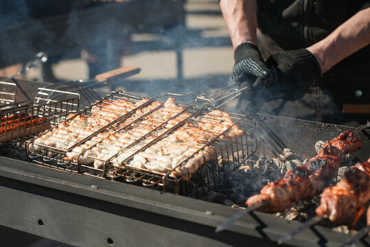 Shish kebab. ork meat threaded onto skewers and grilled.