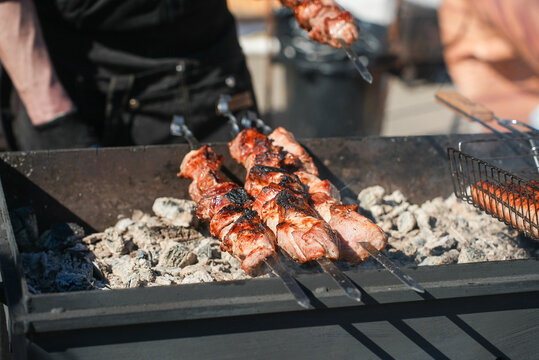 Shish kebab. ork meat threaded onto skewers and grilled.