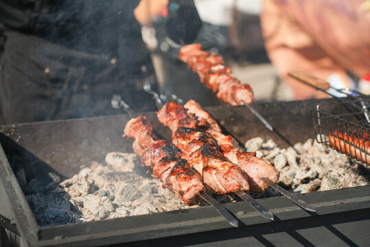 Shish kebab. ork meat threaded onto skewers and grilled.