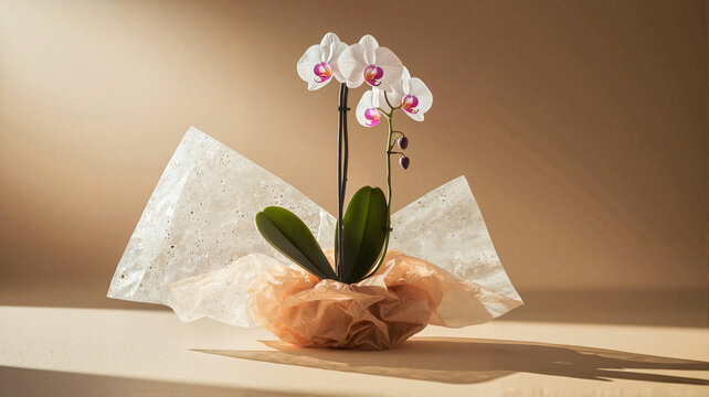 Elegant orchid plant arranged in decorative packaging on table  