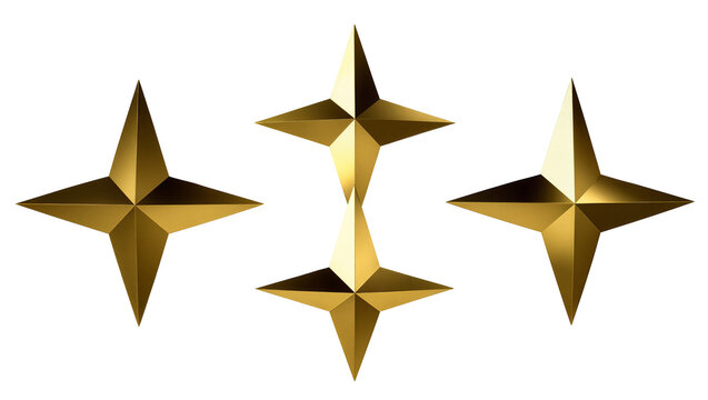 Four golden four-pointed stars arranged in a pattern, isolated on transparent background