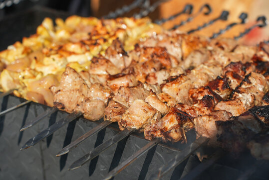 Shish kebab. ork meat threaded onto skewers and grilled.