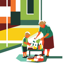 Fototapeta premium A stylized vector illustration of a woman and child painting at a small table