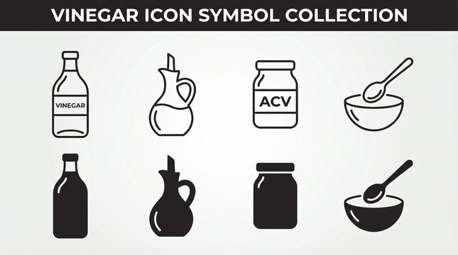 Modern vinegar icons, bottles, barrels, grapes, apples, droplets, multilingual labels, outlined and filled styles, minimalist design, transparent background versatility.