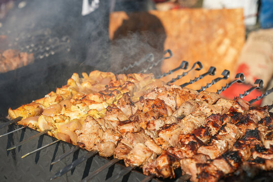 Shish kebab. ork meat threaded onto skewers and grilled.