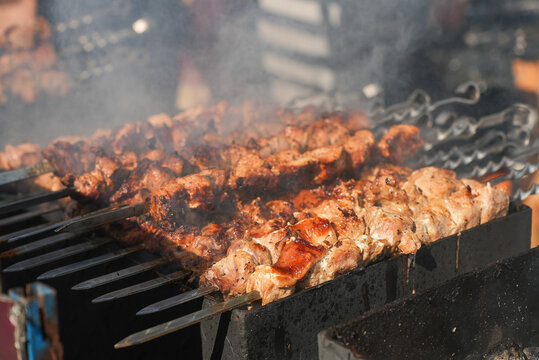 Shish kebab. ork meat threaded onto skewers and grilled.