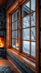 Obraz premium Cozy cabin interior with snow falling outside window and fireplace
