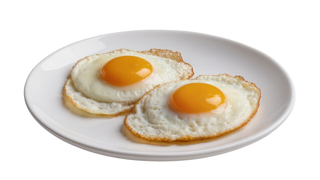 Two perfectly fried eggs with bright yellow yolks on a white plate, isolated on transparent background