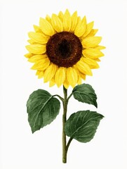 Fototapeta premium Watercolor illustration of a single sunflower with yellow petals and green leaves on a white background
