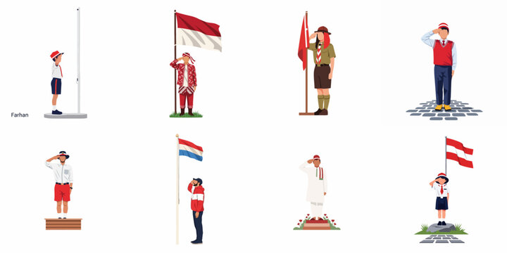 Set of Illustrations Depicting Indonesian Students and Scouts Saluting the National Flag for Independence Day and Ceremonial Events