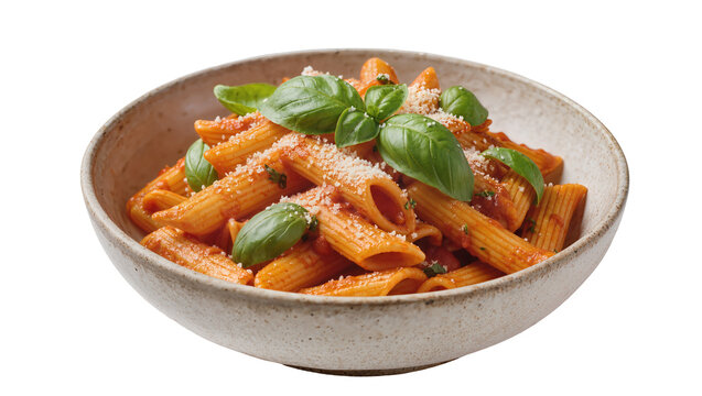 Penne pasta with tomato sauce and basil leaves sprinkled with parmesan cheese, isolated on transparent background