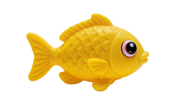 Bright yellow plastic toy fish with large eyes, isolated on transparent background