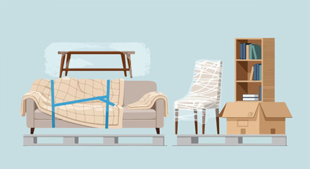 Fototapeta premium Household furniture packed and wrapped for moving on wooden transport pallets