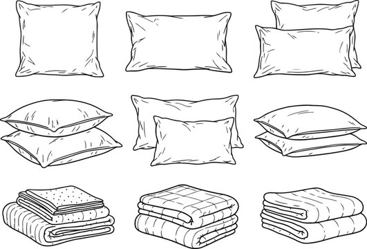 Hand drawn sketches of various pillows and folded blankets