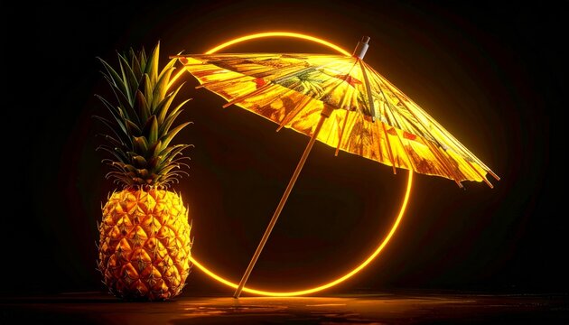 Pineapple With Tropical Umbrella Inside Neon Orange Circle Dark Background