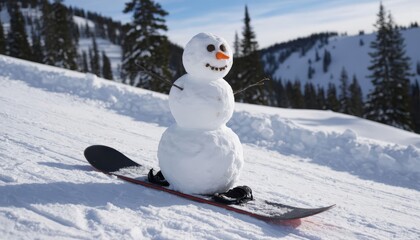 Fototapeta premium A snowman stands on a snowboard in a snowy landscape. The snowman features a carrot nose and black eyes, enjoying the winter scene on the slopes.
