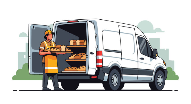 A delivery driver in uniform unloads fresh loaves of bread from a cargo white van