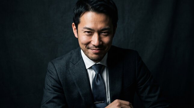 悪だくみや野望を企む表情が印象的な、スーツ姿でニヤリと不敵な笑みを浮かべる日本人男性社員