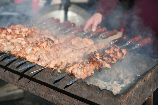 Shish kebab. ork meat threaded onto skewers and grilled.