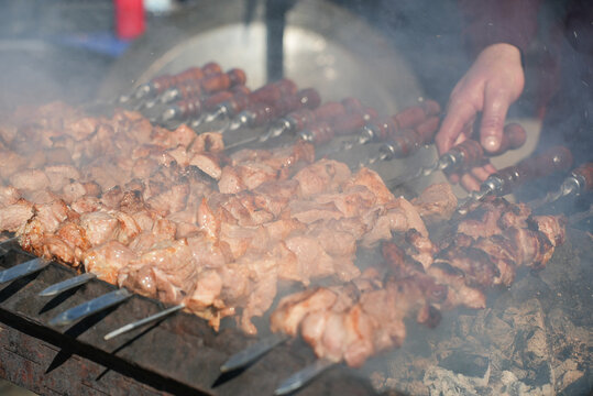 Shish kebab. ork meat threaded onto skewers and grilled.