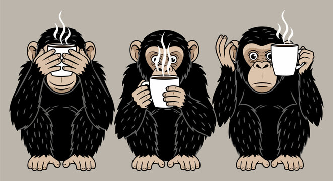 Three wise monkeys with coffee mugs, humorous chimpanzee parody of see no evil speak no evil hear no evil, funny primate vector illustration