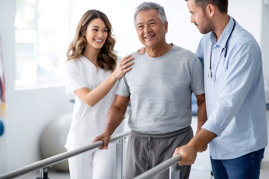 Senior man receiving physical therapy with medical support
