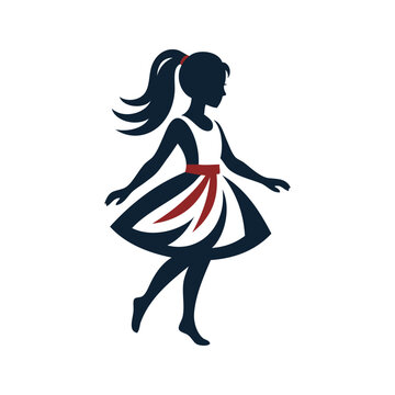 Logotipo de boutique de moda femenina. Dibujo minimalista con una chica andando con un peinado de cola de caballo con un vestido con cintas
