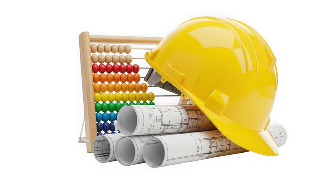 Yellow construction hard hat with rolled blueprints and a wooden abacus for calculation isolated on transparent background