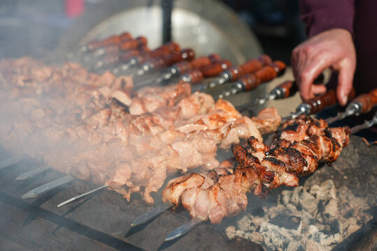 Shish kebab. ork meat threaded onto skewers and grilled.