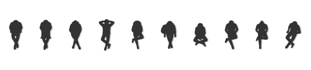 Top View Sitting People Silhouette Vector Set, Overhead Perspective Solid Black Figures for Architectural Plans, Interior Design and Urban Mapping