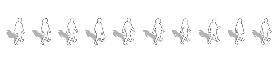 Naklejka na ściany i meble Walking People Outline Vector Set, Side Elevation Thin Line Pedestrian Figures for Architectural Documentation, Urban Scene Design, Minimalist Wireframe Style