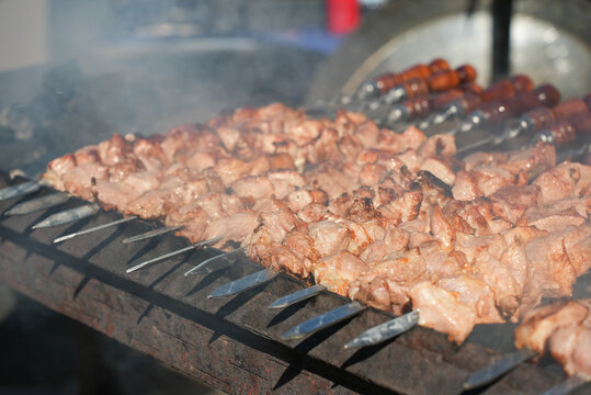 Shish kebab. ork meat threaded onto skewers and grilled.