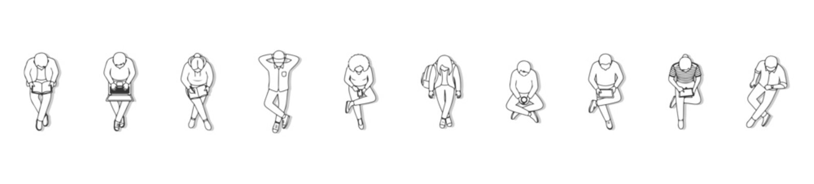 Top View Sitting People Vector Set, Overhead Perspective Minimalist Figures with White Fill for Architectural Site Plans, Modern Interior Layouts and Drafting